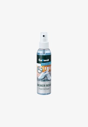 Colloil sneaker spray bottle, clear plastic with a white mist nozzle, features a green and blue label with text "Sneaker Inside Fresh & Clean."