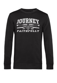 Schwarzer Langarm-Pullover aus Baumwolle, mit einem auffälligen Grafikdesign, das die Worte "JOURNEY FAITHFULLY" und ein Motorrad-Emblem zeigt.