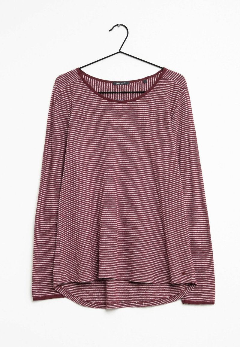 Bordeaux langesleeve top met witte horizontale strepen, ronde hals, zachte stof en een licht gebogen zoom voor een comfortabele pasvorm.