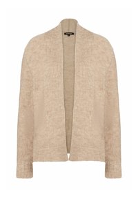 Béžový pletený cardigan s otevřeným předním dílem, dlouhými rukávy a texturovaným povrchem. Materiál působí měkce a útulně.