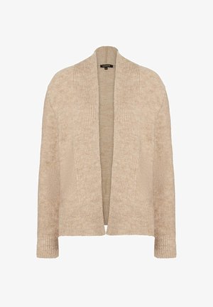 Beige gestrickte Strickjacke mit offenem Vorderteil, langen Ärmeln und einer strukturierten Oberfläche. Das Material wirkt weich und gemütlich.