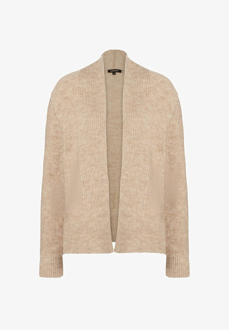 Béžový pletený cardigan s otevřeným předním dílem, dlouhými rukávy a texturovaným povrchem. Materiál působí měkce a útulně.