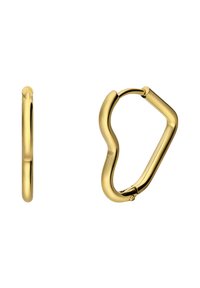 Gouden metalen oorbellen in de vorm van een ronde hoop met een gladde, afgeronde ontwerp. Beschikt over een unieke hoekige vorm en een veilige sluiting met scharnier.