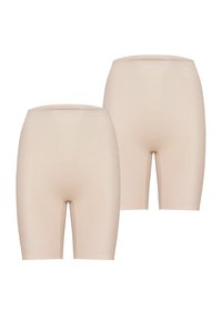 Beige stretchshorts met een naadloos ontwerp en een elastische tailleband, voorzien van een lengte tot halverwege het dijbeen en een gladde, matte textuur.
