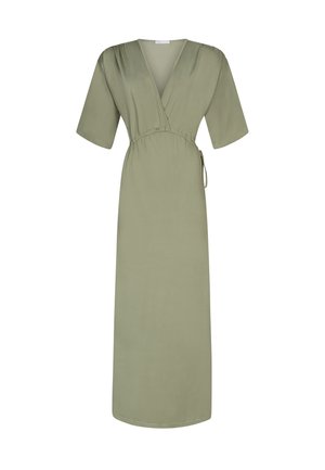 Olivgrünes Wickelkleid mit kurzen Ärmeln, V-Ausschnitt, verstellbarem Kordelzug in der Taille und fließender Maxi-Länge. Glatter Stoff mit minimaler Textur.