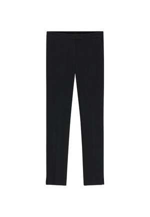 Pantaloni neri su misura con un elegante motivo a spina di pesce, dotati di una vita piatta e spacchi laterali all'orlo per una silhouette slanciata.