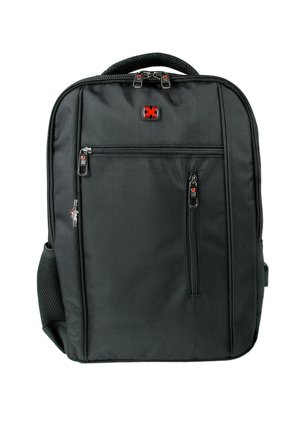 Black backpack with textured exterior, two front zippered pockets, and a sturdy top handle. Features reinforced stitching and adjustable straps.