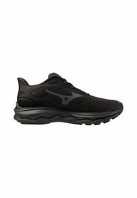 Scarpe sportive nere con tomaia in mesh traspirante, colletto imbottito e suola ondulata esagerata per l'assorbimento degli urti. Presenta un logo sul lato.