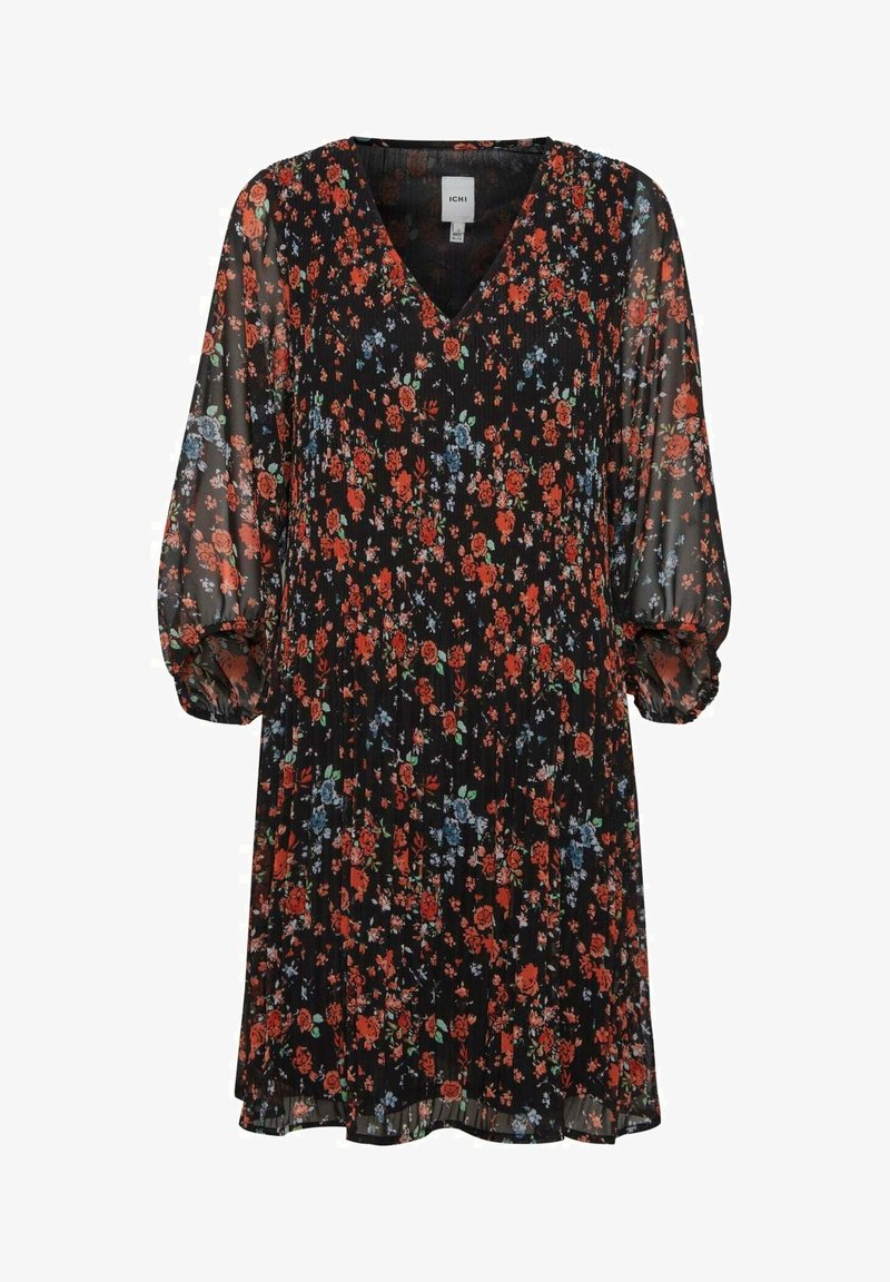 Robe noire mi-longue avec imprimé floral rouge et bleu, manches longues bouffantes transparentes, décolleté en V et poignets élastiques.