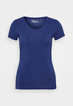 T-shirt à manches courtes bleu marine en tissu doux avec un col rond. Présente une silhouette ajustée et une texture lisse.
