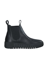 Bottes noires à la cheville en cuir, dotées de panneaux élastiques sur les côtés, de semelles épaisses striées et de languettes à l'arrière pour un enfilage facile.
