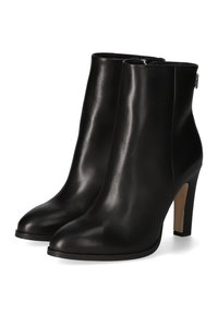 Bottines en cuir noir à talon haut, texture lisse, embout pointu et détail de zip sur le côté. Design minimaliste, sans motifs visibles.