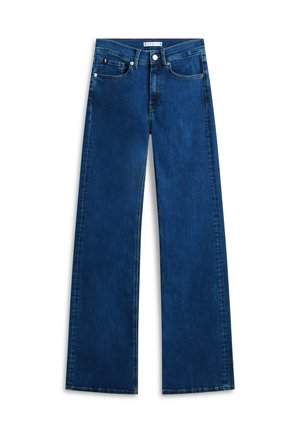 Blaue Jeans aus Denim mit hoher Taille, geraden, weiten Beinen, vorderer Knopf- und Reißverschluss sowie Fünf-Taschen-Design.