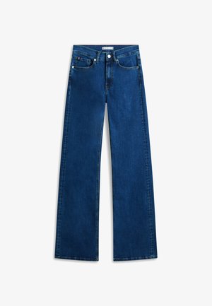 Blaue Jeans aus Denim mit hoher Taille, geraden, weiten Beinen, vorderer Knopf- und Reißverschluss sowie Fünf-Taschen-Design.