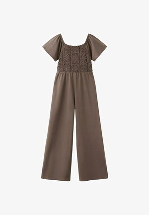 Combinaison marron à jambes larges avec manches courtes et encolure carrée avec un corsage à motif crochet.
