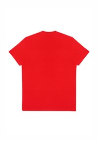 T-shirt rossa in cotone con collo rotondo e maniche corte; presenta un design semplice e una texture liscia sul tessuto. Nessun motivo o accento.