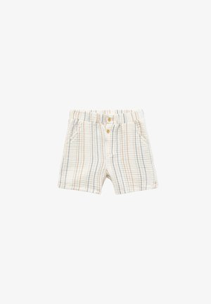Gestreifte Shorts in Creme, Blau und Orange. Hergestellt aus strukturiertem Stoff mit zwei Seitentaschen und einem vorderen Knopfverschluss.