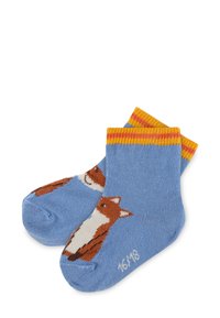Baumwollmischung Knöchelsocken in Hellblau mit einem braunen und weißen Fuchs-Muster. Gerippter Bündchen in Gelb und Orange gestreift. Größe 16/18.