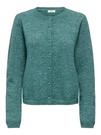 Teal knitted cardigan with a round neckline, button closure, long sleeves, and a textured finish. Features subtle sheen from light hardware accents.