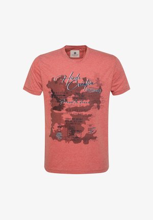 Camiseta de algodón roja con un diseño gráfico que incluye texto negro y patrones, cuello redondo y mangas cortas.