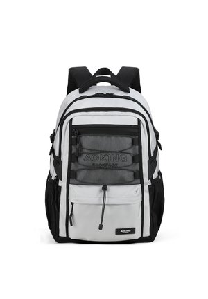 Gray and black backpack featuring multiple zippered pockets, mesh accents, padded shoulder straps, and a top carry handle.