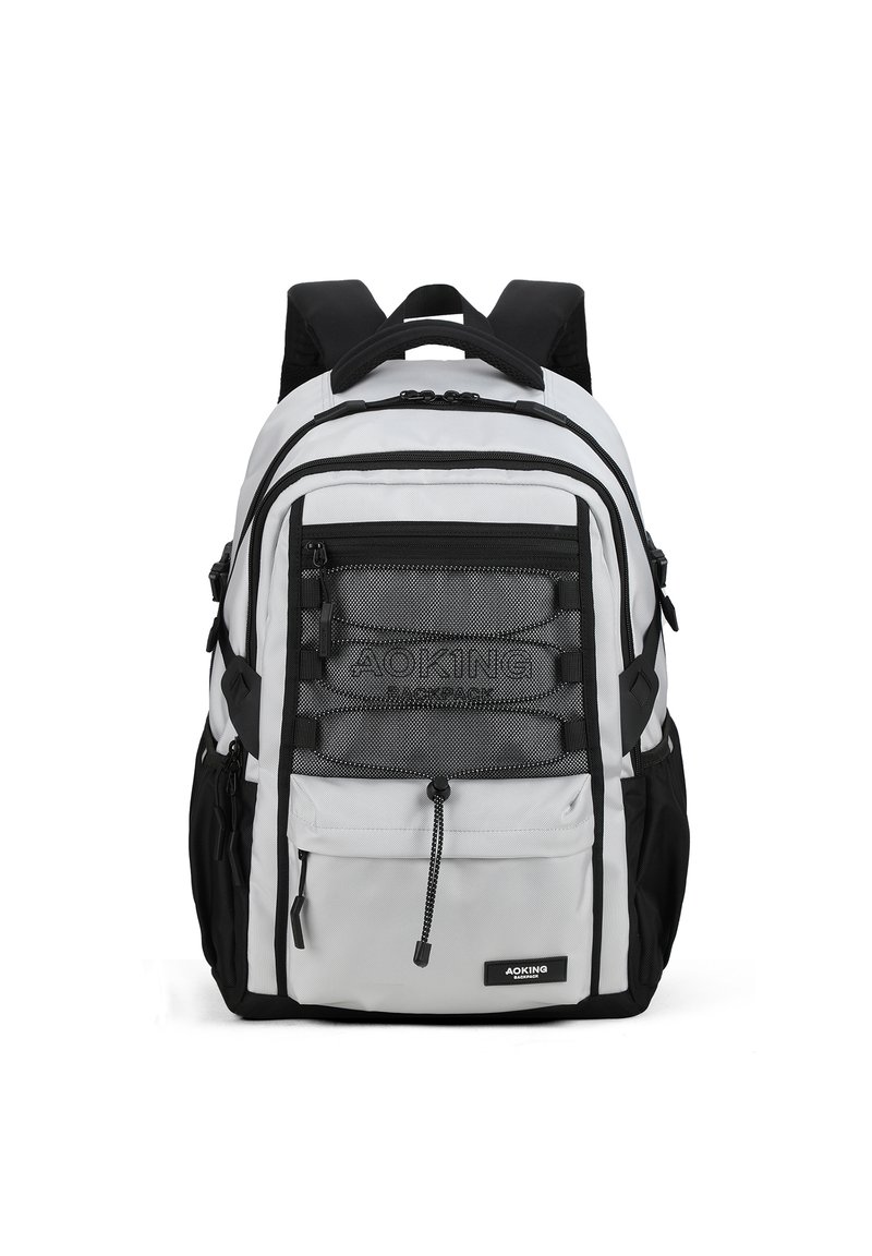 Zaino grigio e nero con molteplici tasche con cerniera, dettagli in rete, spallacci imbottiti e una maniglia superiore per il trasporto.