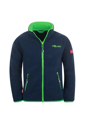 Navy fleece jacket with bright green accents, featuring a high collar, front zipper, and two zippered pockets. Logo on chest, Norwegian flag on sleeve.
