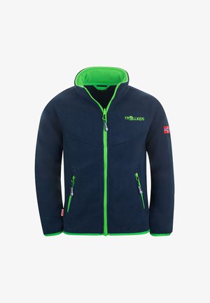 Navy fleece jacket with bright green accents, featuring a high collar, front zipper, and two zippered pockets. Logo on chest, Norwegian flag on sleeve.