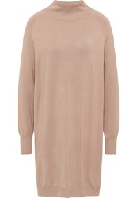 Neulemekko pehmeässä beigesävyssä, jossa on korkea kaulus, pitkät hihat ja rento malli. Varustettu ribbauslahkeilla ja helmalla. Suuri tekstuuri.