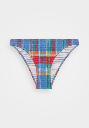 Bas de bikini multicolore présentant un motif à carreaux en bleu, rouge, vert et jaune. Fabriqué en tissu texturé et extensible avec des bords élastiques.