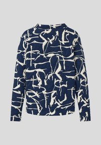 Marineblauer Pullover mit weißem abstraktem Muster, langen Ärmeln, Rundhalsausschnitt, strukturiertem Stoff und geradem Saum. Eignet sich für die Freizeit.