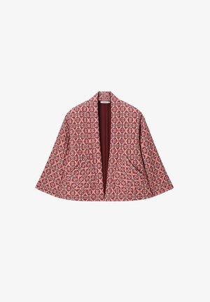 Pink and burgundy floral patterned short jacket with wide sleeves and front patch pockets, open front style.