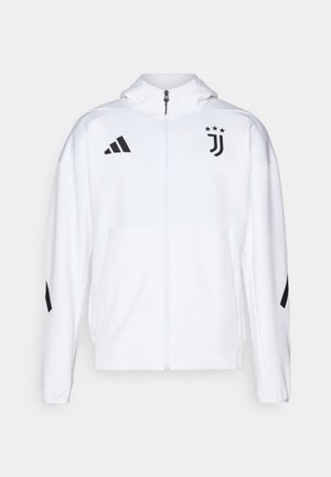 White sports jacket with a zippered front, hood, and black accents, featuring Adidas stripes and a Juventus logo on the chest.