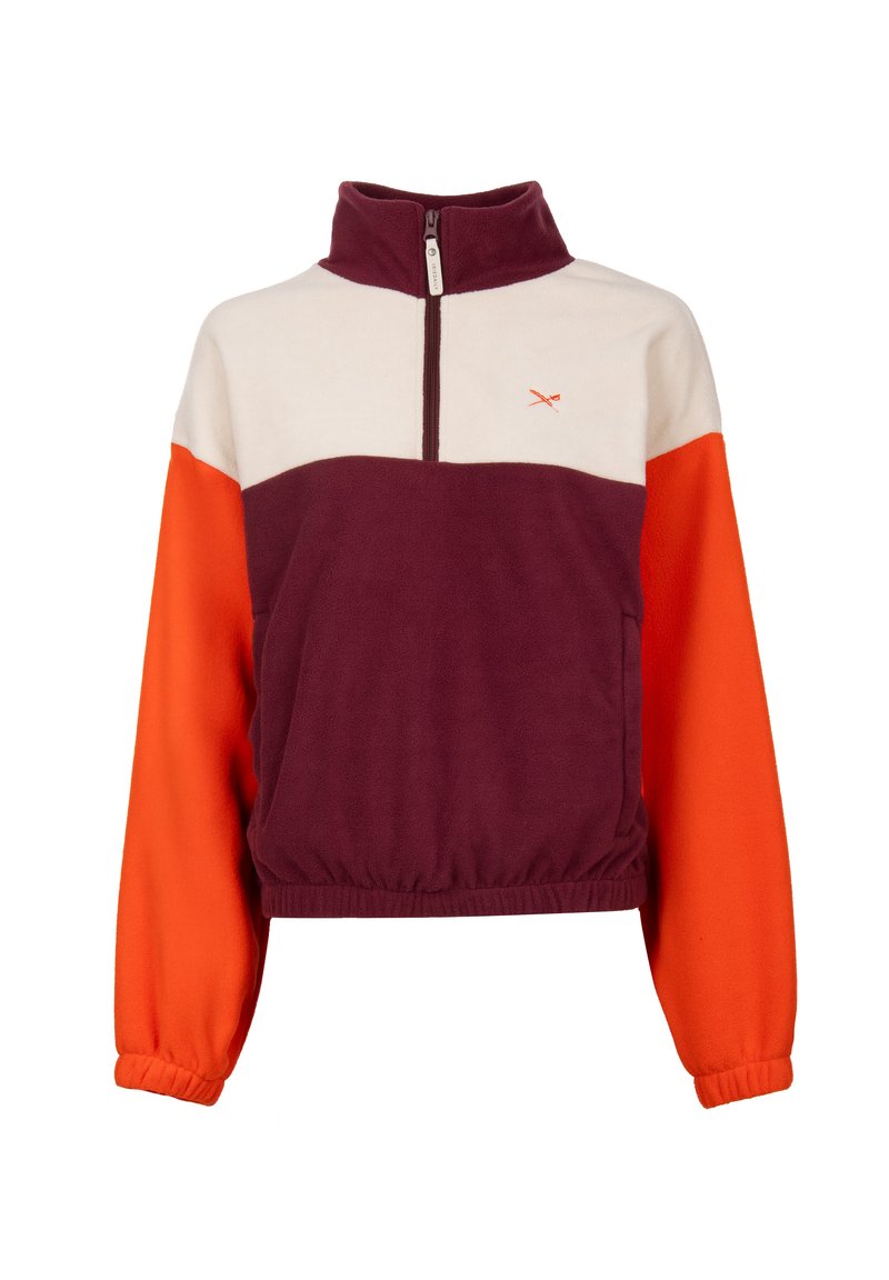 Fleece-Pullover mit halbem Reißverschluss, in den Farben Bordeauxrot, Creme und Orange, mit elastischen Bündchen und einem figurbetonten Saum. Kleines Logo-Detail auf der Brust.
