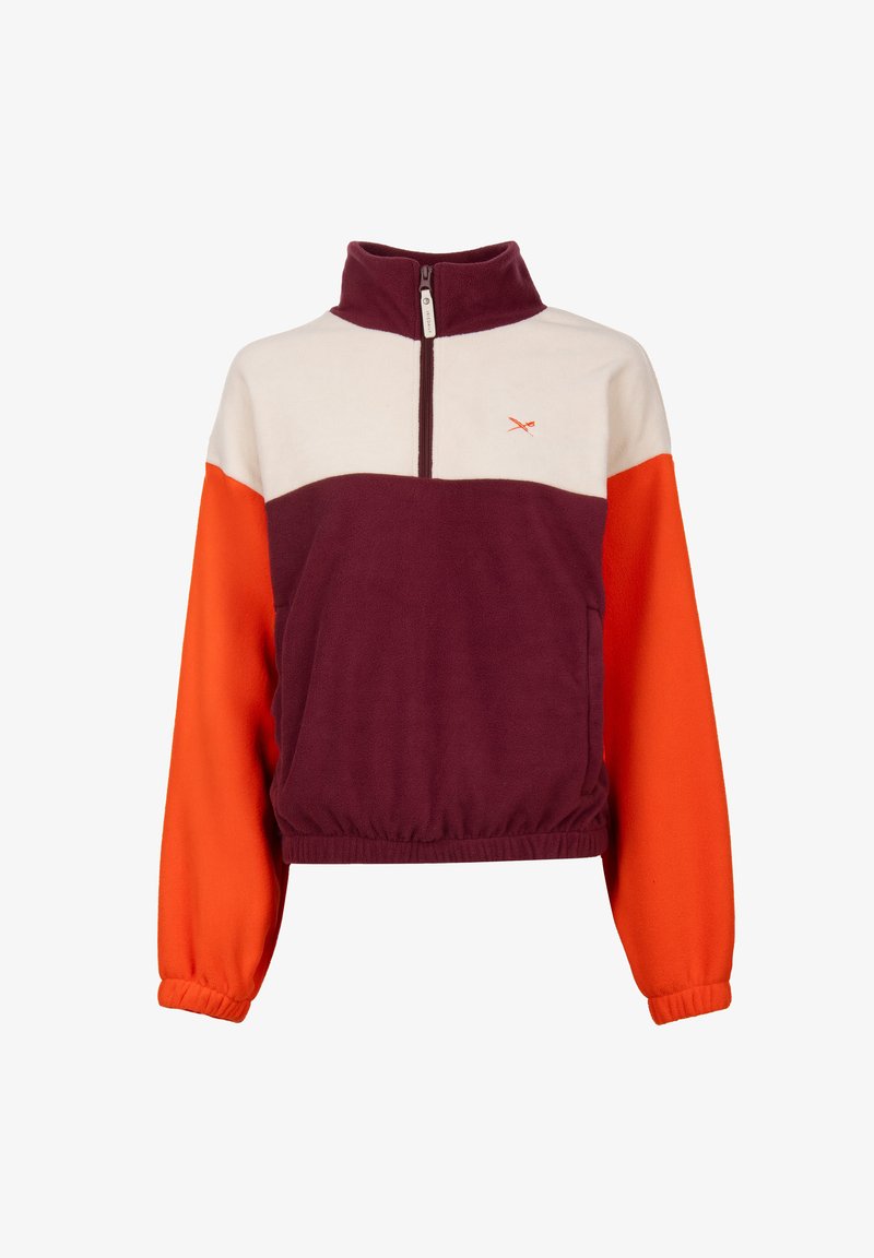 Fleece-Pullover mit halbem Reißverschluss, in den Farben Bordeauxrot, Creme und Orange, mit elastischen Bündchen und einem figurbetonten Saum. Kleines Logo-Detail auf der Brust.