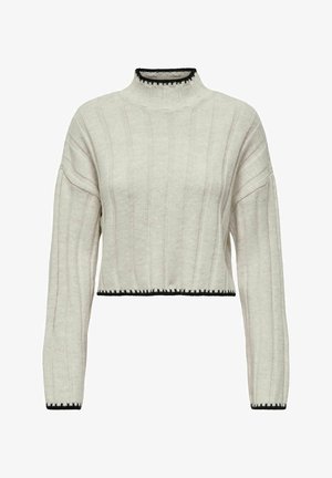 Light gray cropped sweater with vertical ribbed texture, high neck, and black contrasting trim at the hem and sleeve cuffs.