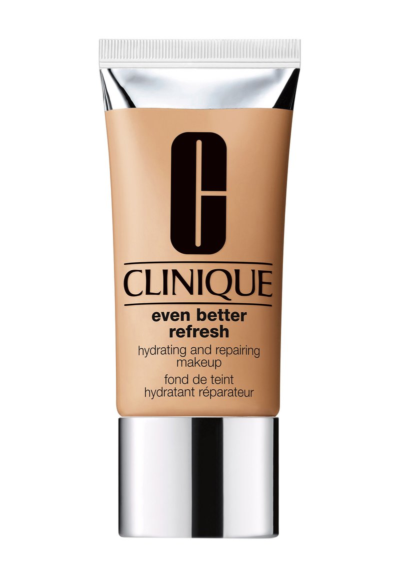 Clinique Even Better Refresh-foundation i en beige tub med svart text, silverfärgad kapsyl och återfuktande formula för sminkapplicering.