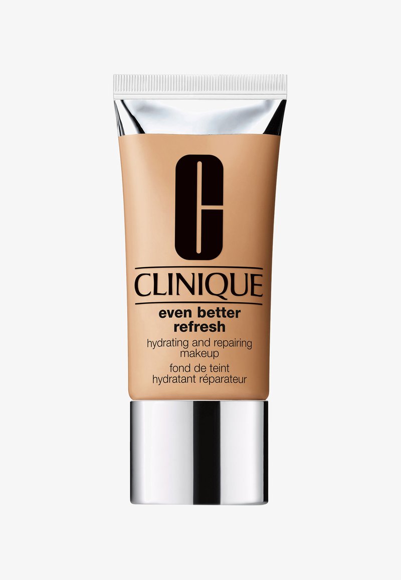 Podkład Clinique Even Better Refresh w beżowej tubie z czarnym napisem, srebrną nakrętką i nawilżającą formułą do aplikacji makeupu.