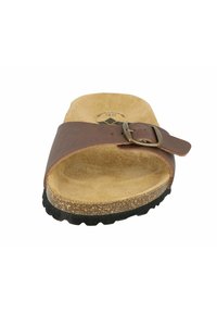Brown leather slide sandal with a wide strap, metal buckle, and a cork footbed. Textured black rubber sole for grip.