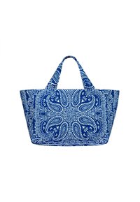 Niebieska torba na ramię wykonana z materiału, z białym wzorem paisley, dwoma ramiączkami, szerokim otworem i strukturalnym kształtem.