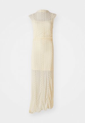 Knie-langes, ärmelloses Kleid aus weichem gelbem Spitzenstoff mit gerippter Textur. Enganliegende Taille, fließender Rock und durchsichtiger Überwurf. Flacher Saum.