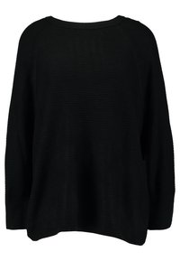 Schwarzer, übergroßer Strickpullover mit strukturiertem Rippenmuster, weitem Rundhalsausschnitt und langen Ärmeln, der eine lockere Passform und überschnittene Schultern aufweist.