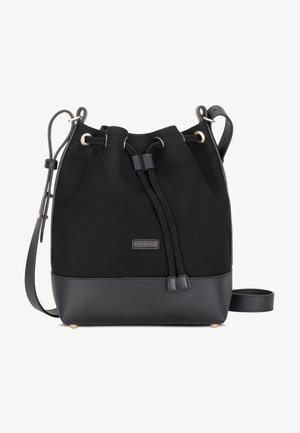 Sac seau noir avec fermeture à cordon, fond en cuir et bandoulière réglable, détails en métal doré.