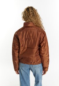 Brun oppustet jakke med h�øj krave og horisontal syning, lavet af skinnende materiale. Har elastiske cuffs og en cropped kant.
