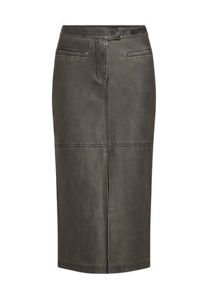 Khaki faux leren kokerrok met een rechte snit, twee voorzakken en een split aan de achterkant, met contrasterende stiksels.