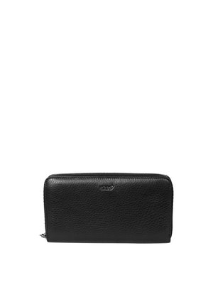 Black textured leather zip-around wallet with small silver logo centered near top edge.