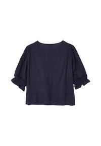 Navy blue, short-sleeved top with gathered cuffs and back button detail. Features textured fabric and a relaxed fit with seam accents.