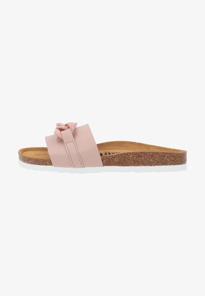 Rosa Slipper-Sandalette mit Knotendetail am Riemen, Korkfußbett und weißer Gummisohle, entworfen für Komfort und lässiges Tragen.