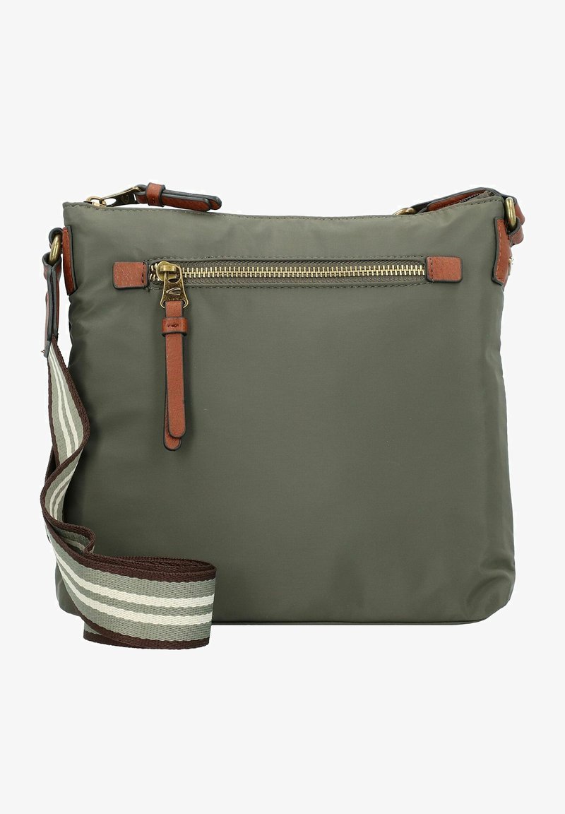 Borsa a tracolla verde in nylon con una tasca zip frontale, accenti in pelle marrone e una tracolla in tessuto a righe. Texture liscia, forma rettangolare.