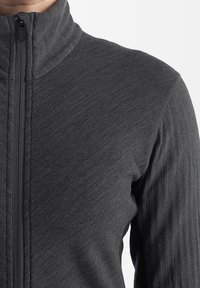 Chaqueta de cremallera en gris oscuro con un cuello alto. El material presenta una textura sutil y el frente tiene un detalle de cremallera en contraste.